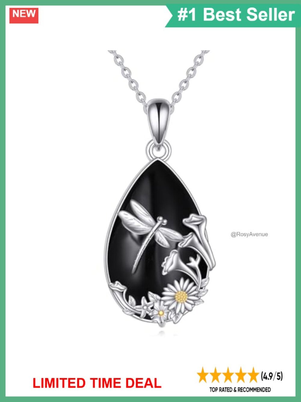 925 Sterling Silver Obsidian Dragonfly Pendant Necklace 18+2 Inch Gift